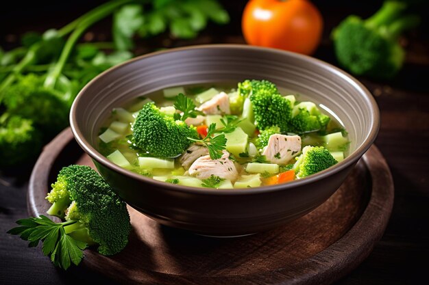 Sopa de pollo con brócoli, guisantes verdes, zanahorias y apio en un cuenco negro en una IA generativa de madera