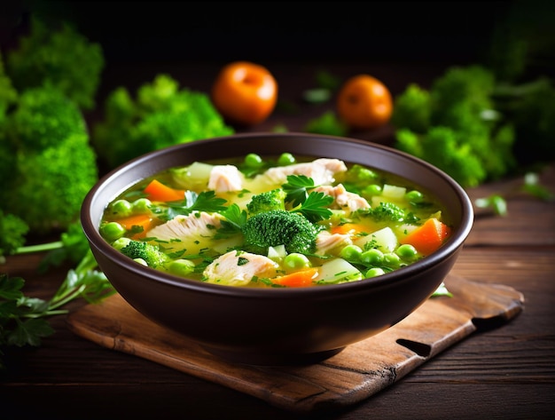 Sopa de pollo con brócoli, guisantes, zanahorias y apio en un recipiente negro sobre un fondo de madera