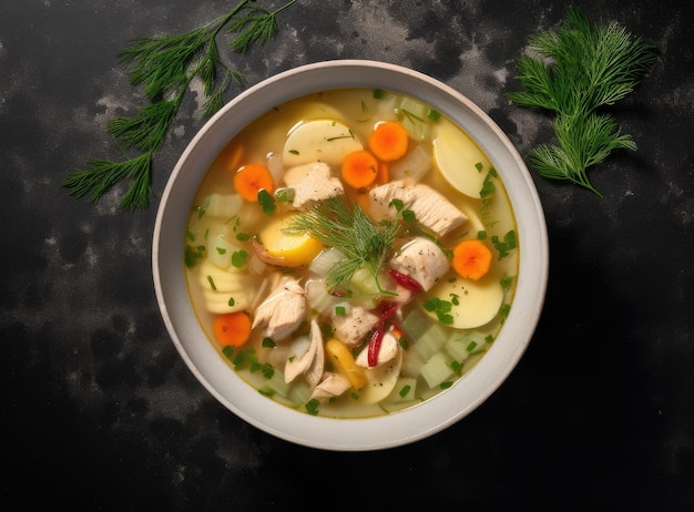 Sopa de pollo casera con fideos y verduras en un cuenco blanco con fondo blanco conforto cálido y saludable