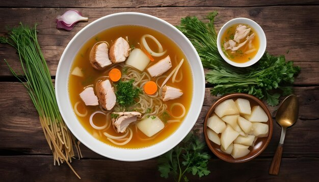 Sopa de pollo casera fresca con fideos aislada sobre un fondo blanco vista de arriba