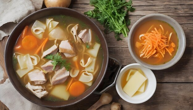 Sopa de pollo casera fresca con fideos aislada sobre un fondo blanco vista de arriba