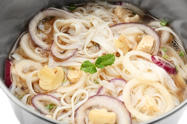 Sopa de pollo con fideos en una cacerola de cerca