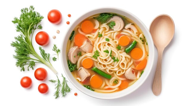 Sopa de pollo con fideos y verduras aislada sobre un fondo blanco