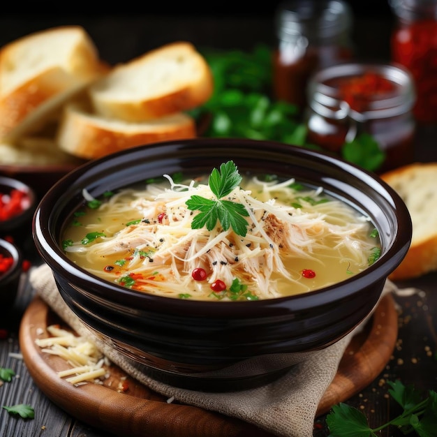 Sopa de pollo con guarnición de pan y parmesano