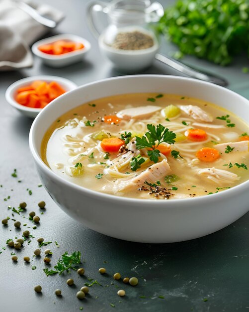 Sopa de pollo en un plato blanco rodeado de ingredientes como ajo, apio, hojas, pimienta y carro