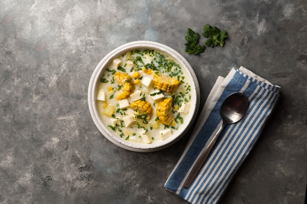 Sopa de pollo con queso y maíz, Chupe de pollo, comida típica venezolana.