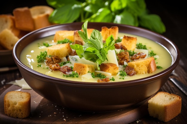 Sopa de porro con queso con croutons tocino y hojas de lechuga fresca en una mesa de madera