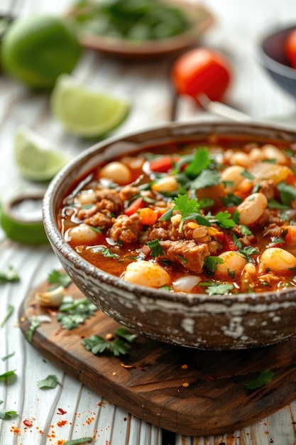 Foto sopa de pozole en un fondo de madera blanca ai generado