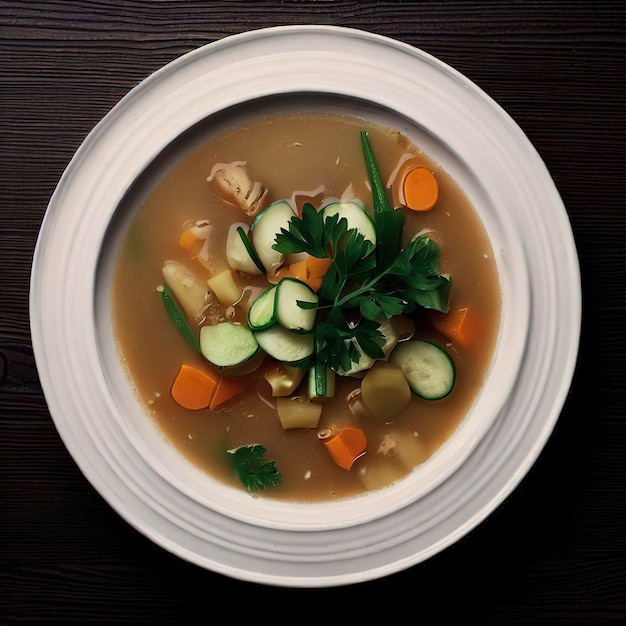 Sopa de primera vista con verduras y perejil en un plato blanco sobre un fondo de madera oscura