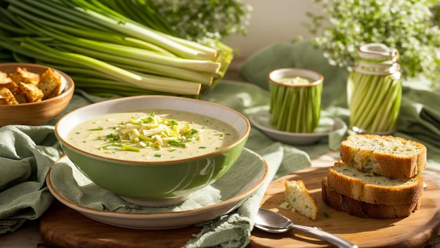 Sopa de puerro cremosa en la cocina