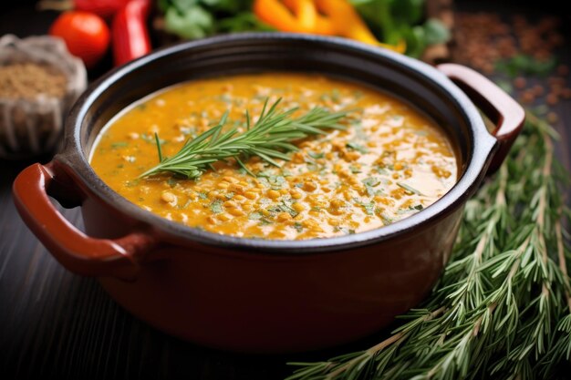 Sopa quente de lentilha polvilhada com ervas frescas de perto