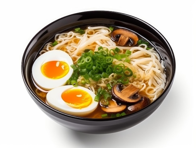 Sopa de ramen con champiñones y huevos aislados en un fondo blanco