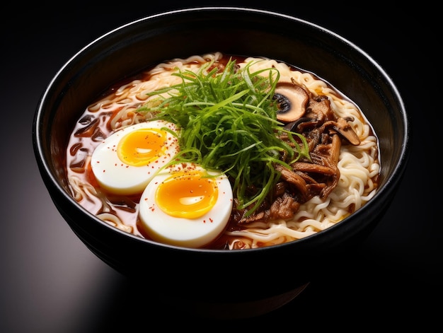 Sopa de ramen con champiñones y huevos aislados en un fondo negro