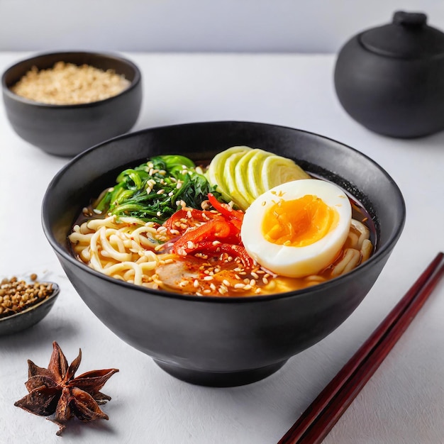 Sopa de ramen con fideos, pollo, huevo blando, espinaca y chile sobre un fondo blanco