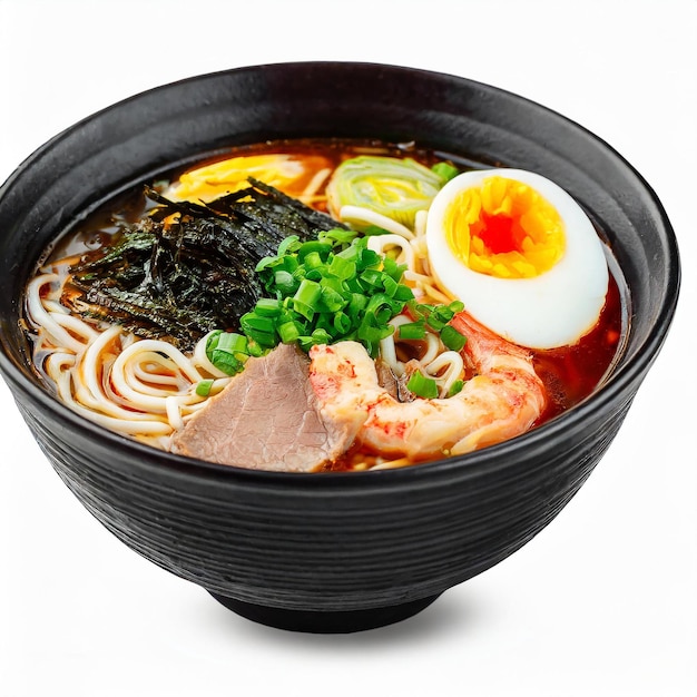 Sopa de ramen con fideos, pollo, huevo blando, espinaca y chile sobre un fondo blanco