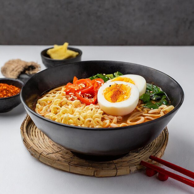 Sopa de ramen con fideos, pollo, huevo blando, espinacas y chile sobre fondo blanco.