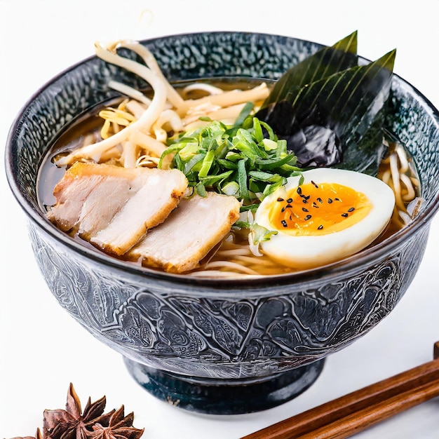 Sopa de ramen con fideos, pollo, huevo blando, espinacas y chile sobre fondo blanco.