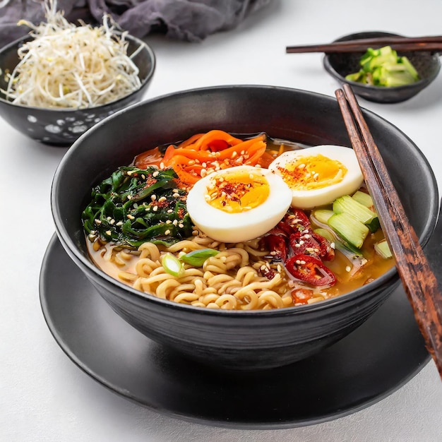 Foto sopa de ramen con fideos, pollo, huevo blando, espinacas y chile sobre fondo blanco.