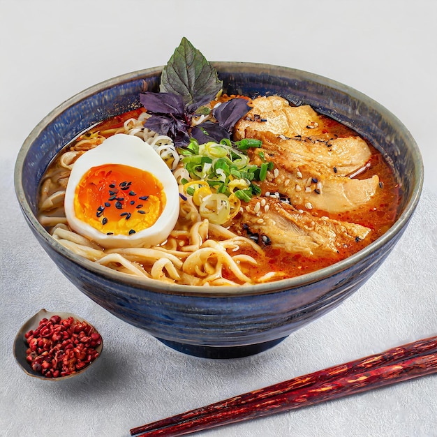 Sopa de ramen con fideos, pollo, huevo blando, espinacas y chile sobre fondo blanco.