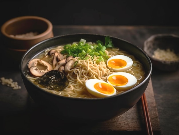 Sopa de ramen con fideos puerro shiitake hongo nori huevo suave y cerdo chashu sobre un fondo oscuro