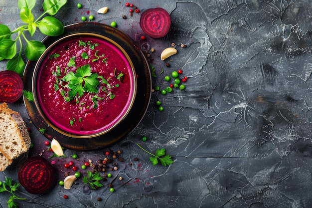 Sopa de remolacha de desintoxicación de primavera Raíz de remolache Borscht Cuenco Sopa deremolacha Espacio de copia