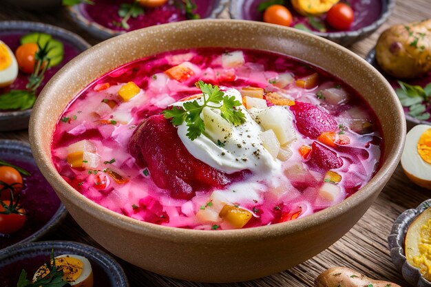 Sopa de remolacha de verano de borscht fría con huevo hervido de pepino fresco y patatas al horno en una mesa de madera