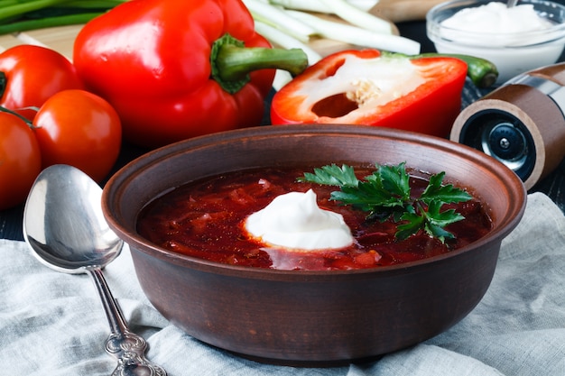 Sopa roja tradicional borscht con carne