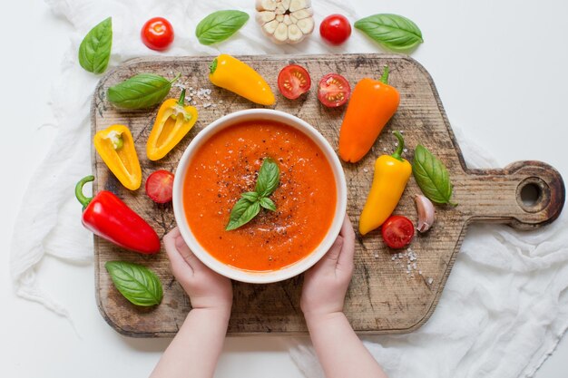 Sopa roja vegana de verduras con tomates, pimientos, ajo y albahaca. Las manos del niño sostienen un tazón con sopa de tomate.