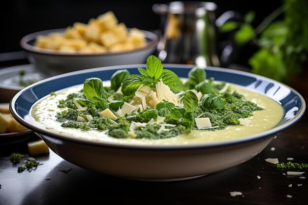 Foto sopa saborosa de estelinha com manjericão fresco