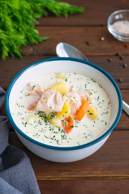 Sopa de salmón con crema de patatas, zanahorias y hierbas en un tazón de sopa Lohikeitto Copie el espacio