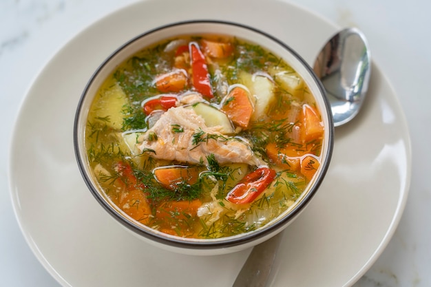 Sopa de salmón con patatas, zanahorias, eneldo, pimiento en un tazón, cerrar