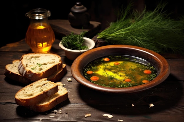 Sopa servida con pan crujiente en una mesa de madera