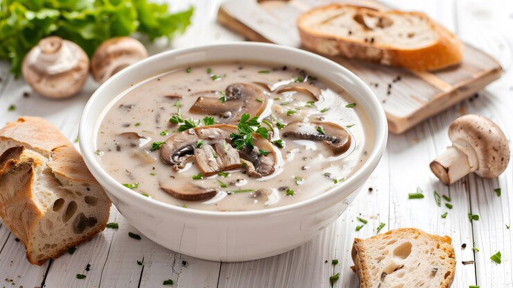 Sopa de setas en un cuenco blanco servido con pan colocado en una mesa de madera blanca generada por la IA