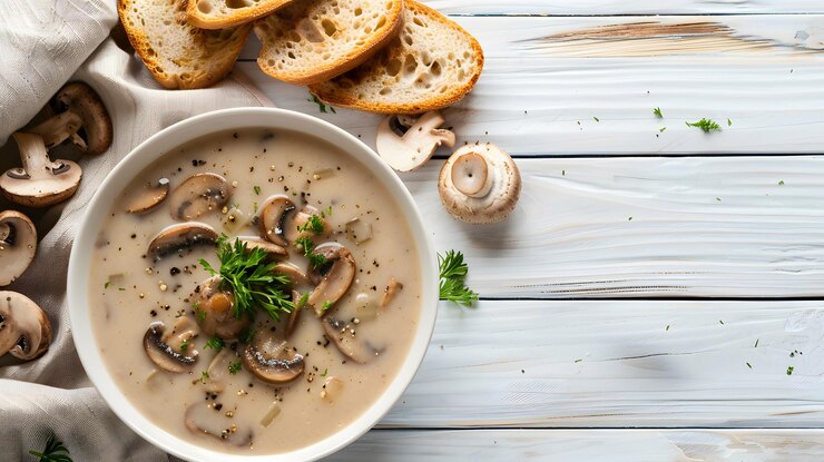 Sopa de setas en un cuenco blanco servido con pan colocado en una mesa de madera blanca generada por la IA