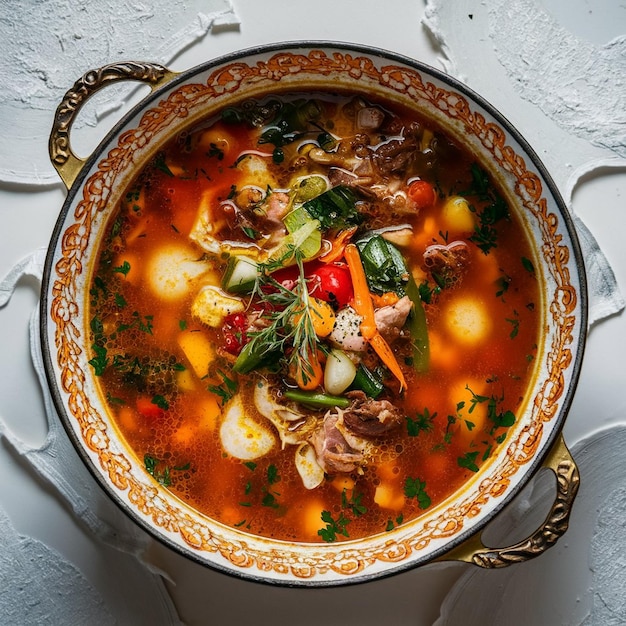 Foto sopa de solyanka en una olla tradicional