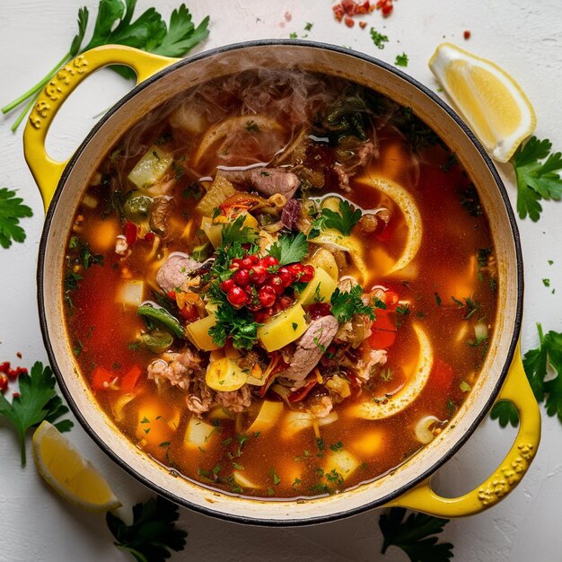 Foto sopa de solyanka en una olla tradicional