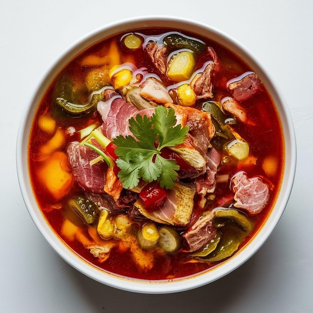 Foto sopa de solyanka con varias carnes y pepinillos