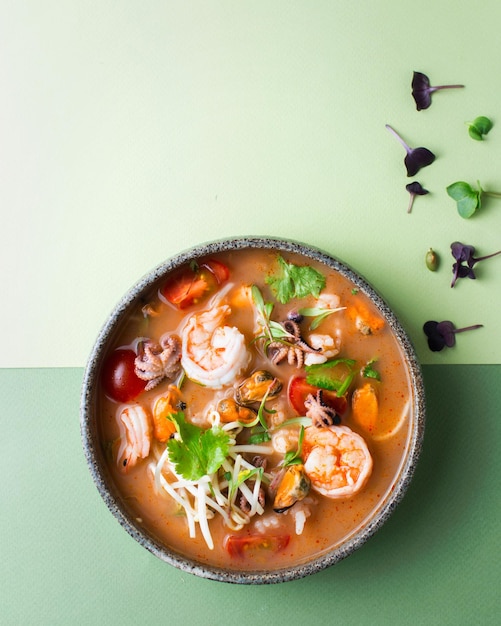 Sopa tailandesa con mariscos Tom yam con camarones y pulpo Cocina asiática Comida exótica y tropical