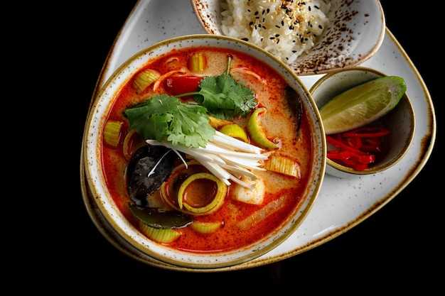 Sopa Tom Yum con camarones, mejillones y calamares