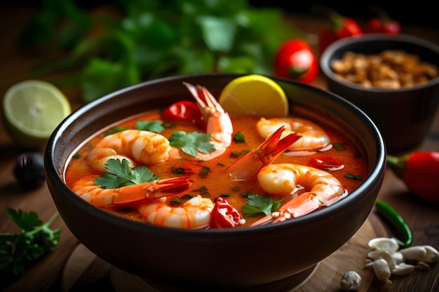 Sopa tom yum especiada, ácida y con infusión de limoncillo IA generativa