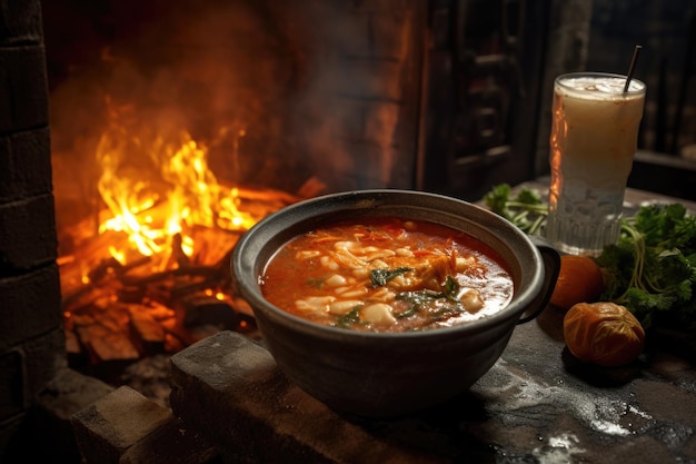 Sopa Tom Yum sobre piedra en un pub rústico