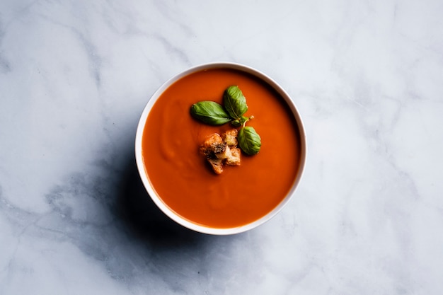 Sopa de tomate con albahaca en un bol