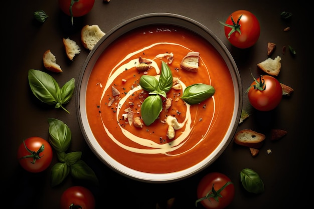 Sopa de tomate apetecible fresca en un plato sobre un fondo de verduras frescas vista de arriba