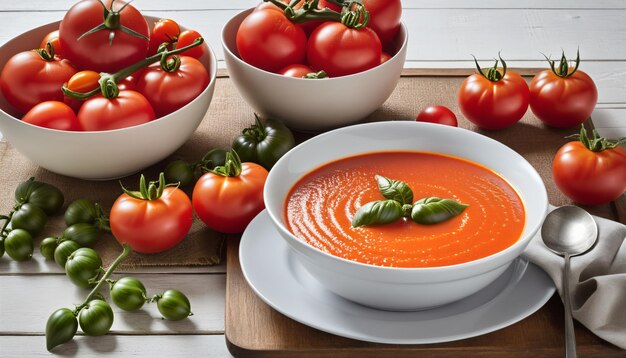 Sopa de tomate de arte culinario con decoración de tomate