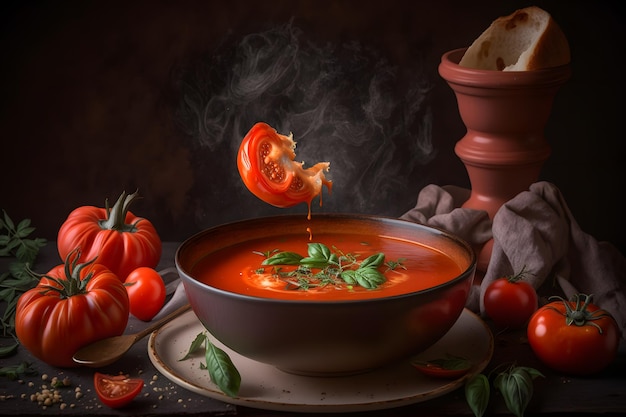 Sopa de tomate en un bol con salsa de tomate