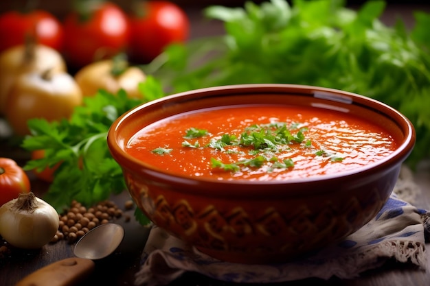 Sopa de tomate casera con perejil en un recipiente sobre una mesa de madera