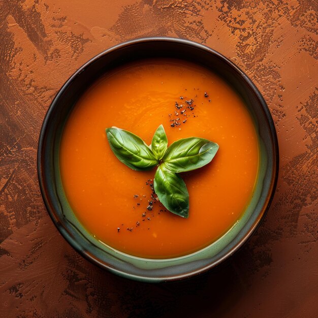 Sopa de tomate cremosa con guarnición de albahaca en un plato de cerámica verde oscuro