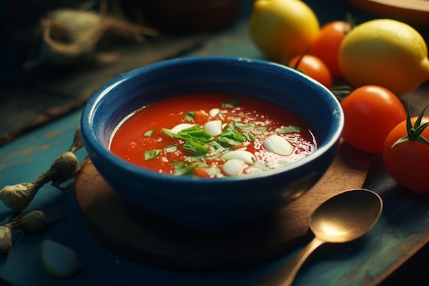 Sopa de tomate en un cuenco azul cuchara en bandeja de madera sal de ajo y limón un montón de verde en color mixto