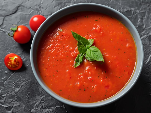 Sopa de tomate en cuenco de cerámica sobre fondo oscuro