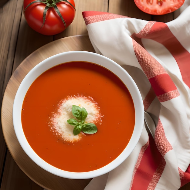 sopa de tomate con hojas de albahaca